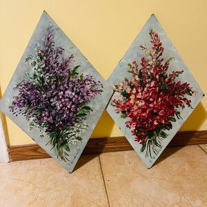 VTG Hand-painted Oil On Board Floral ArtSet Of 2 Signed Impasto Style